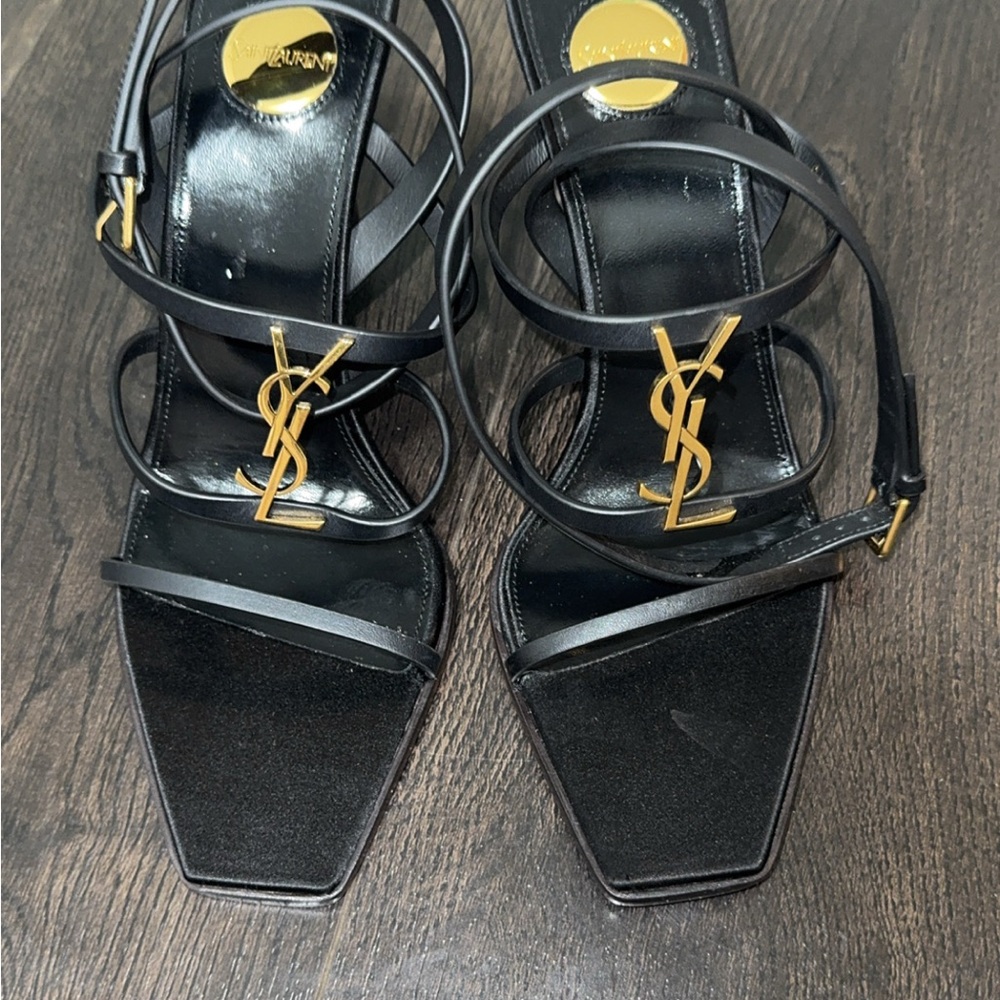 Yves Saint Laurent Cassandra 90 Leather Wedge Sandals in black